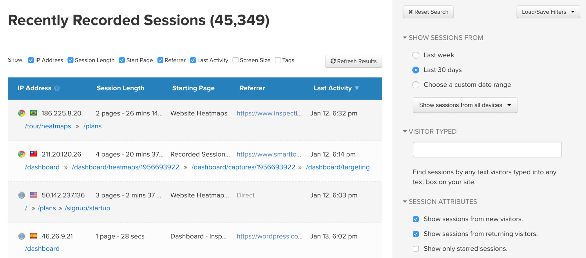 Inspectlet umożliwia łatwe filtrowanie zgromadzonych nagrań