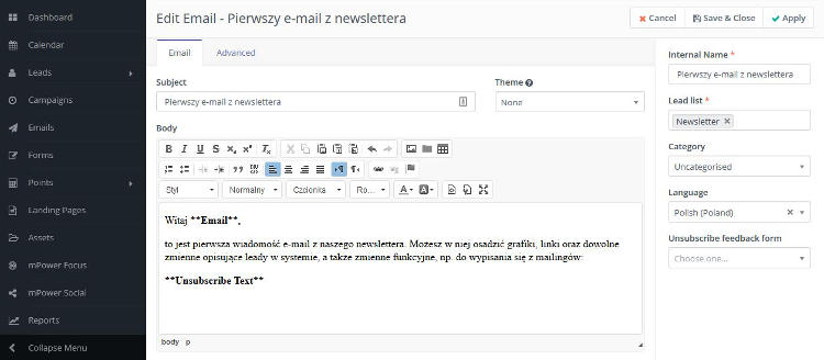 Tworzenie wiadomości e-mail w ramach newslettera