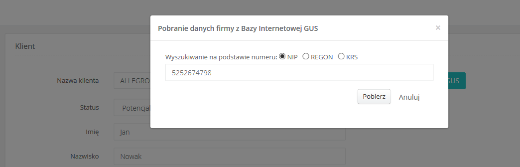 Dzięki integracji Sugester.pl z internetową bazą GUS, podstawowe dane polskich firm jesteśmy w stanie zaimportować do systemu jednym kliknięciem Dzięki integracji Sugester.pl z internetową bazą GUS, podstawowe dane polskich firm jesteśmy w stanie zaimportować do systemu jednym kliknięciem